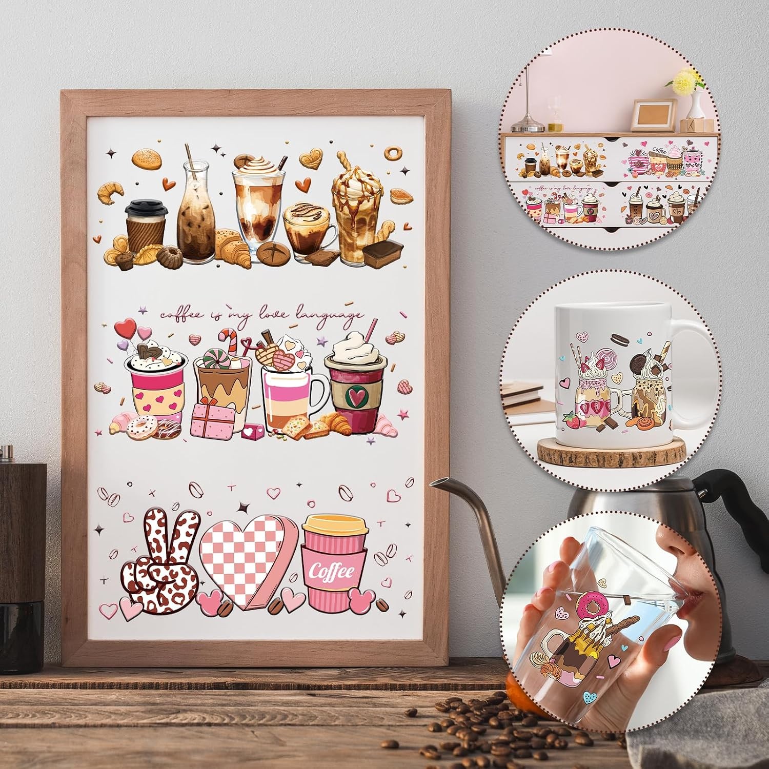 Coffee UV DTF Cup Wraps – 8 Sheets Coffee UVDTF Decals for 16 oz Glass Cups,