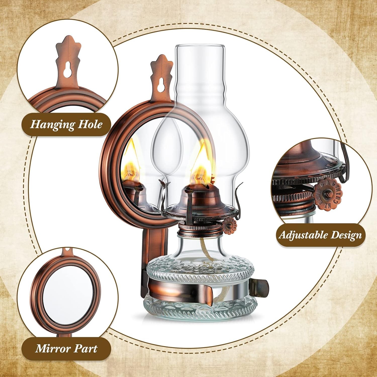 2 Pcs Large Kerosene Lamp Lantern Chamber Oil Wall Mounted Vintage Glass Clear K