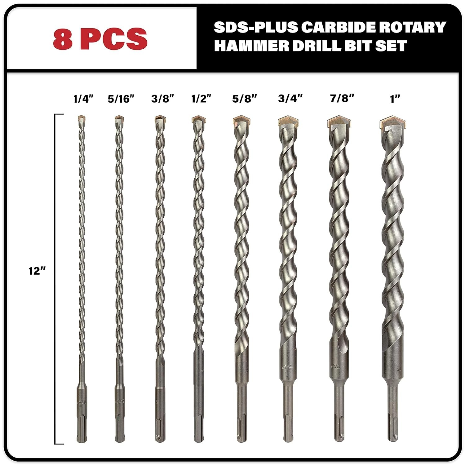 8-Piece 12in SDS Plus Drill Bits for Brick, Stone, Concrete, 1/4in x 12in, 5/…