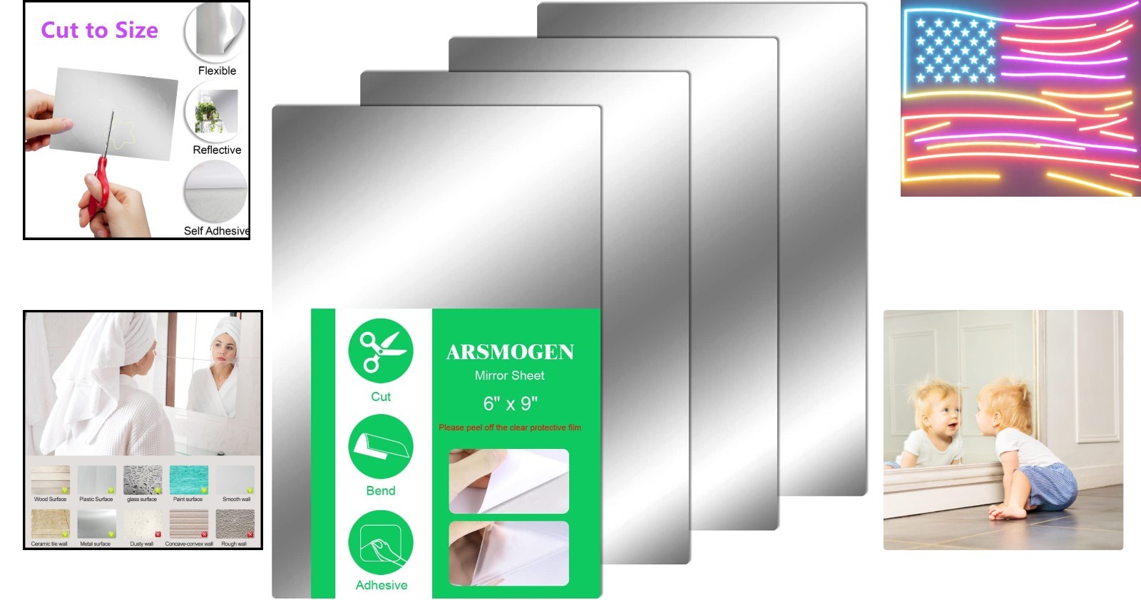 4 Pieces Flexible Cut to Size Mirror Sheet 6" x 9", Self Adhesive Non Glass M…