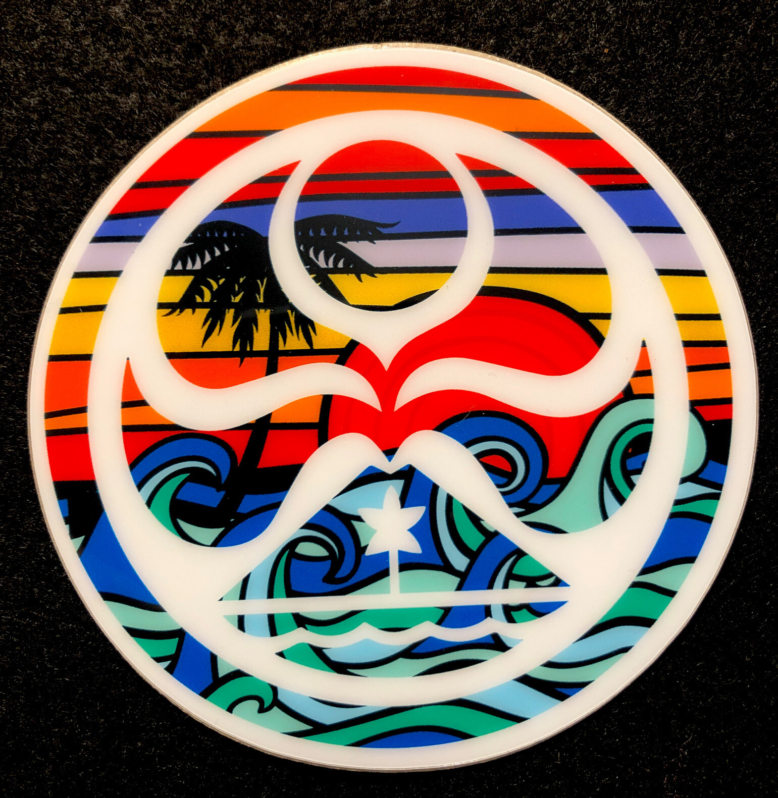 HAWAIIAN STICKER “SUNSET OCEAN PALMS” 3 3/4 ROUND VERY BEAUTIFUL THICK & GLOSSY
