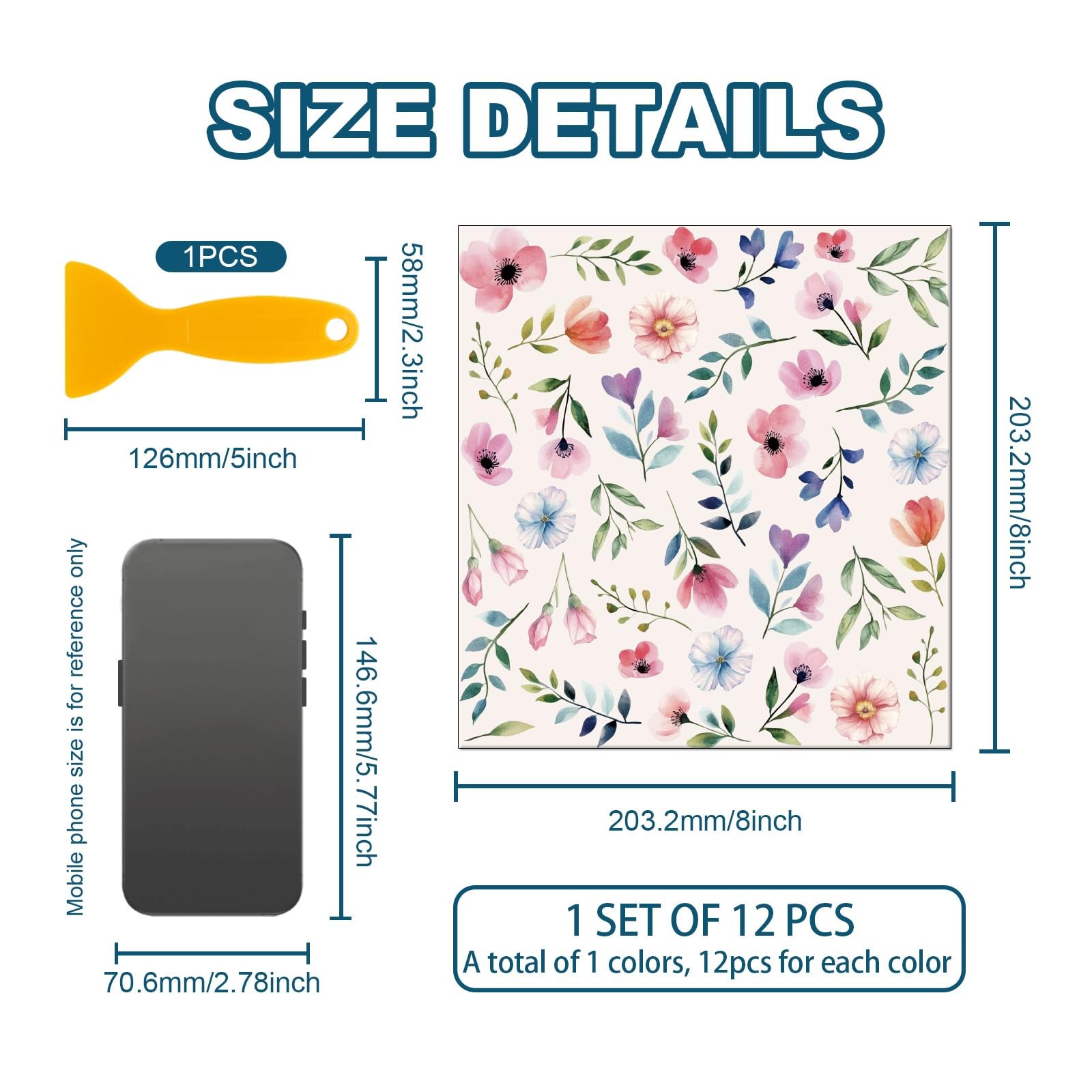 12 Pcs 8in Tile Stickers Pink Flowers Peel and Stick Wall Tile Stickers Seaml…