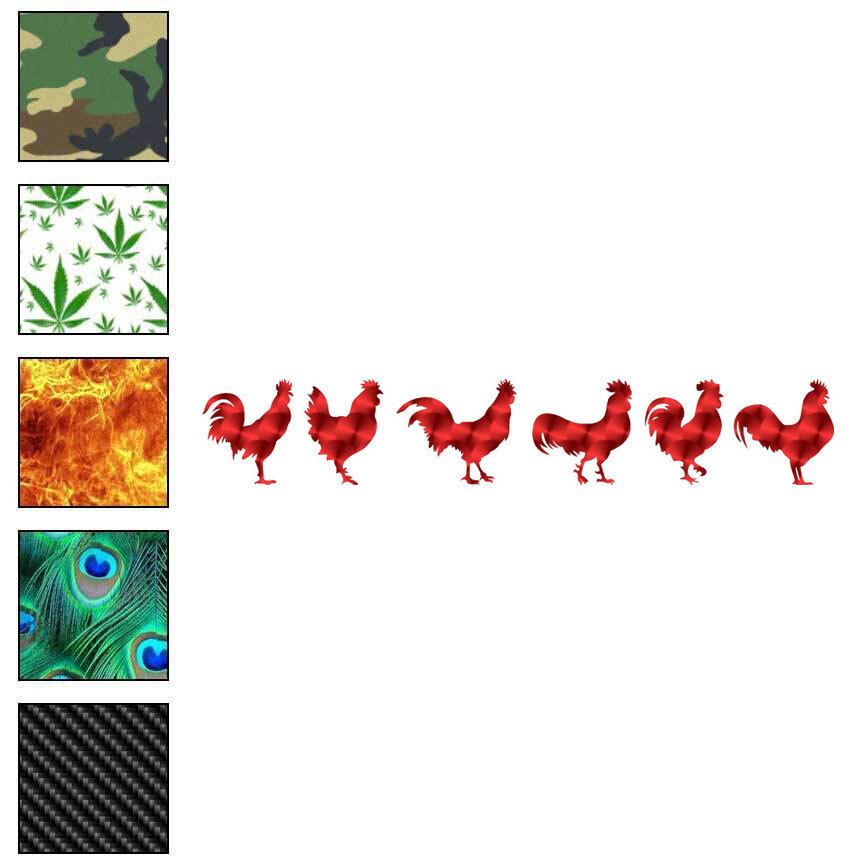 Six Roosters In Row, Vinyl Decal Sticker, 40 Patterns & 3 Sizes, #7061