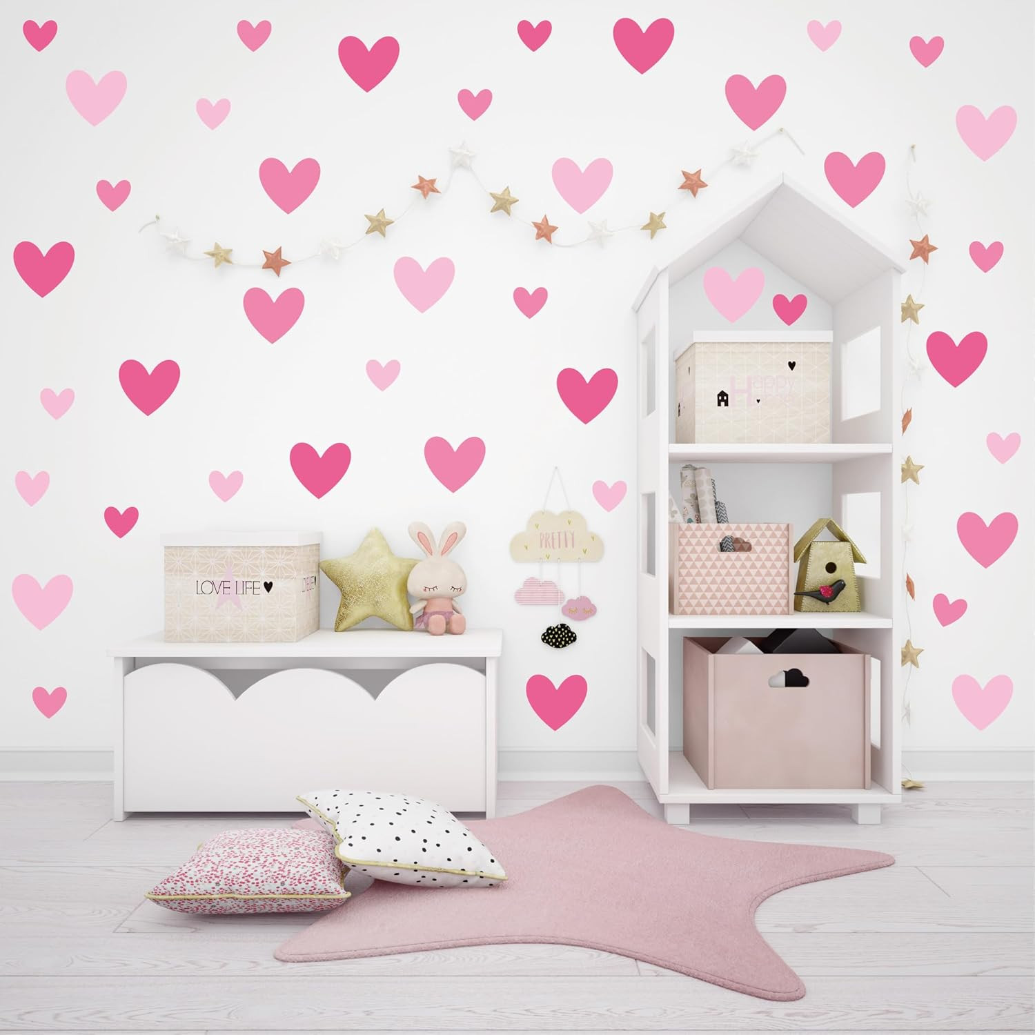 170 Pcs Heart Wall Decals – Peel and Stick Pink Decor for Girl Bedroom, Nursery,