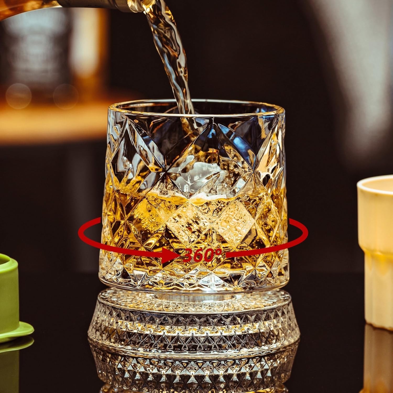 Spinning Whiskey Glasses Set of 4 with Iceball Molds, 9.5Oz Lead-Free Rotatable