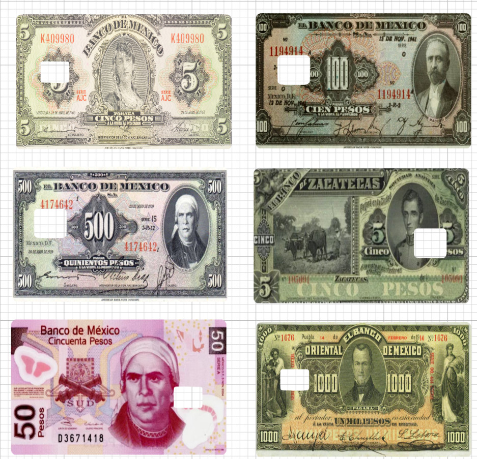 Old Paper Mexico Money Credit Debit Card Skin Peso Banco 50 100 500 1000 ATM 5
