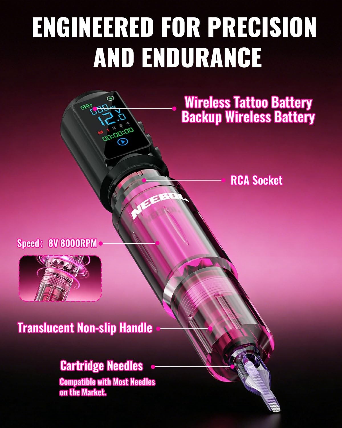 Tattoo Gun Kit – Wireless Machine with 2 Batteries, Standard, Pink