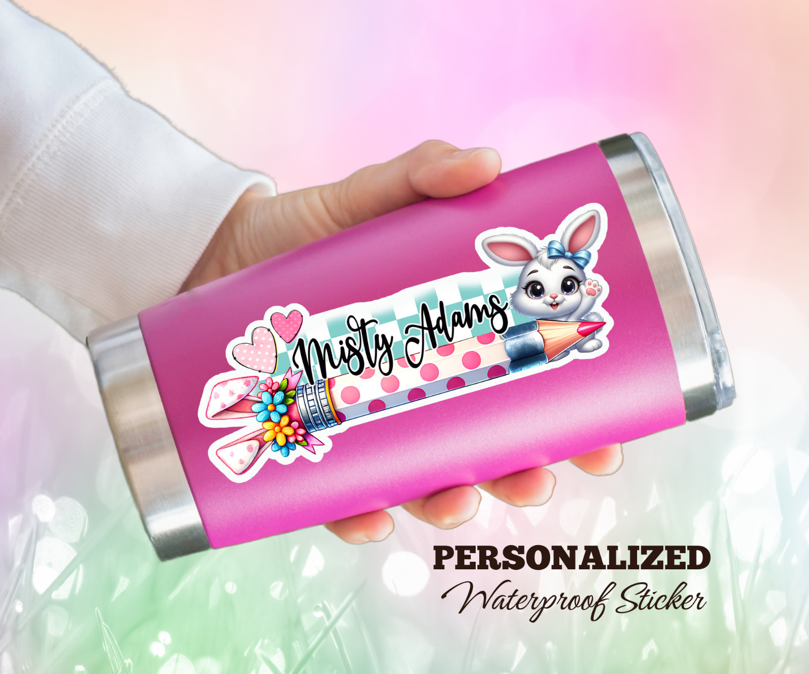 Personalized Teacher Name Sticker, Easter Bunny Pencil, Waterproof Vinyl Gift