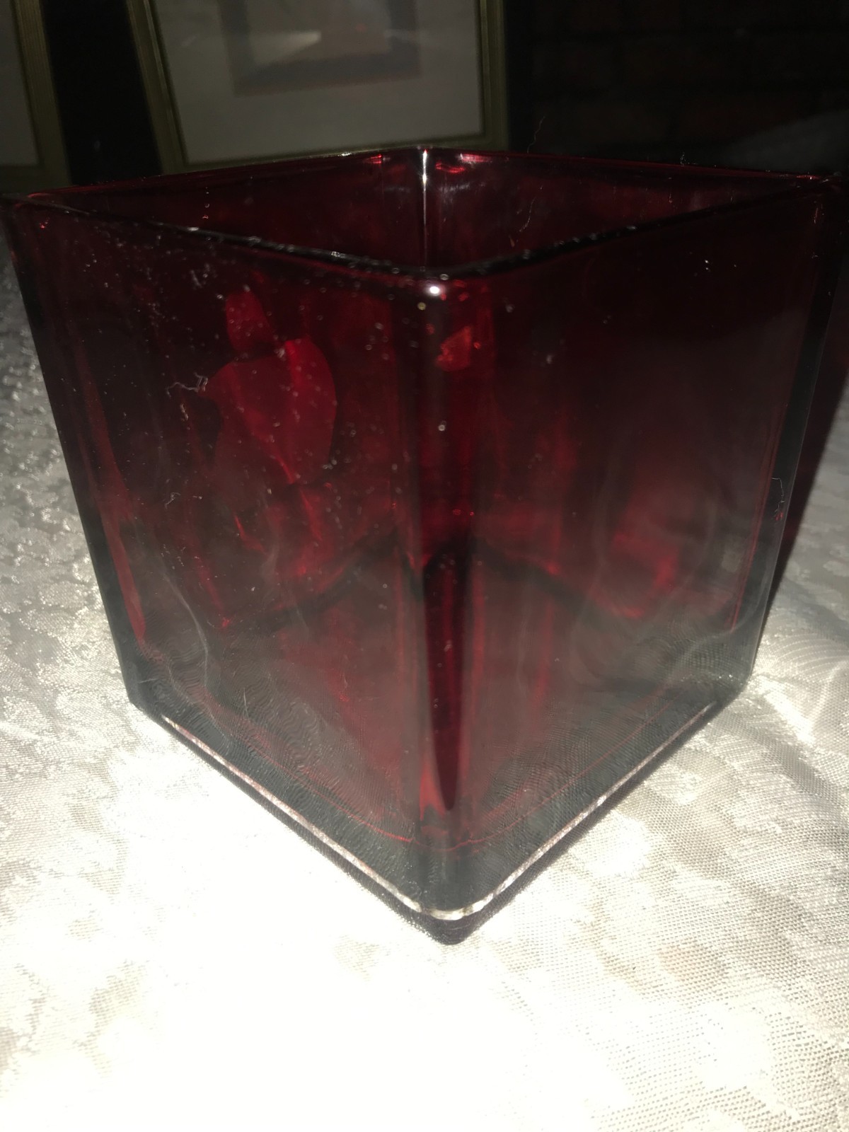 APPLE Inc. WHITE Iconic LOGO Red HEAVY Glass VASE Planter BOWL 4¾" SQUARE Cube