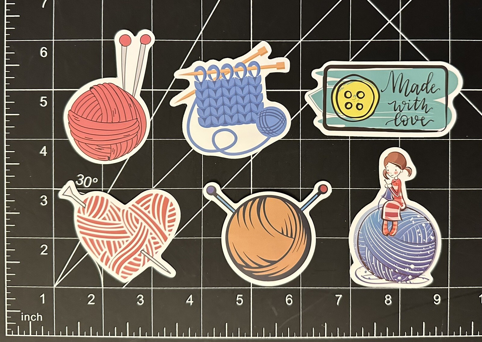 “Made with Love” 6 Knitting Sticker Decals (yarn, crafting, hobby, mindfulness)