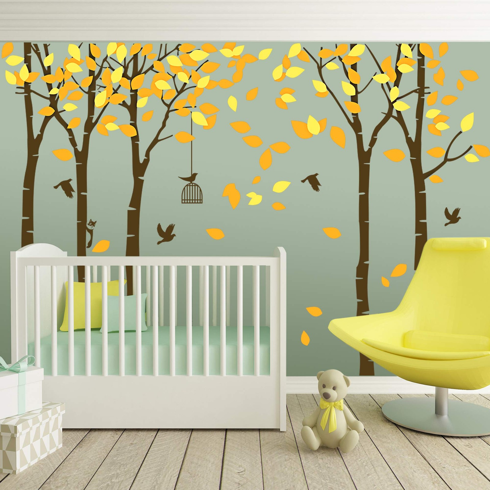 Amaonm 104"x71" Giant Large Jungle 5 Brown Trees Wall Decals Yellow Leaves an…
