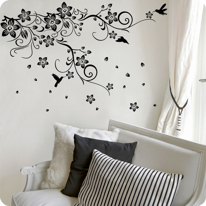 Vinyl Wall Art Sticker Decals for Home Decor Vine Flower Branc with Hummingbirds