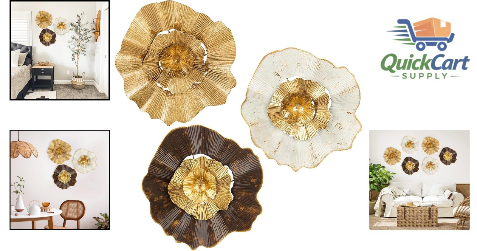 Elegant 12” Gold Metal Flower Wall Art – Abstract 3-Piece Set for Home
