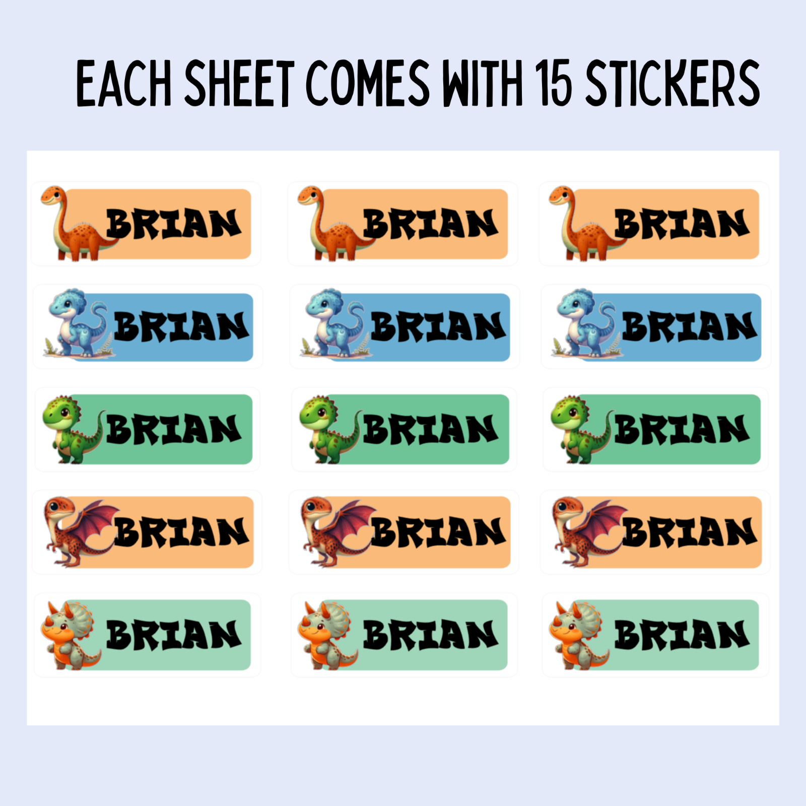Custom Name Dinosaur Stickers – 15-Pack Label Sheet for Kids, 2" Name Tags