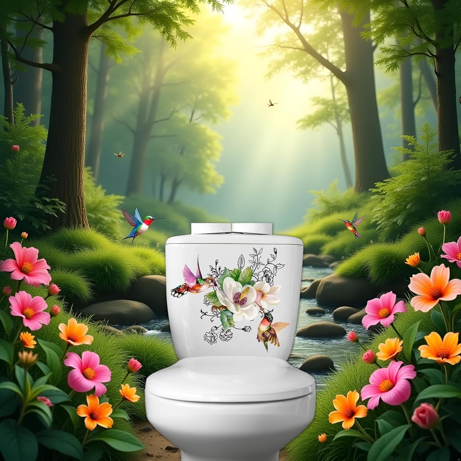 Toilet Seat Lid Stickers Self-Adhesive Bathroom  Waterproof Decor Birds Flower