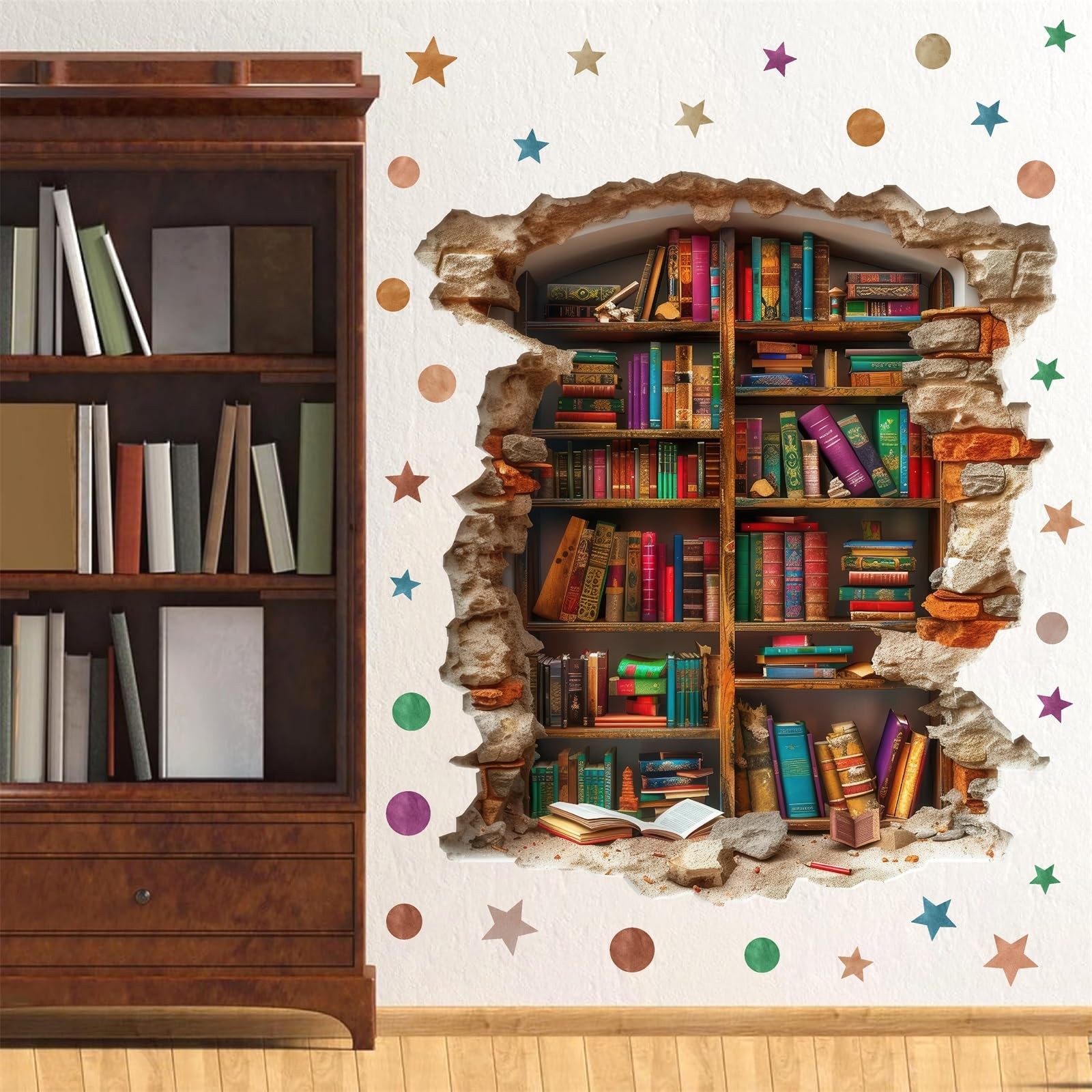 Large Vintage Book Wall Stickers 3D Broken Wall Decals Peel and Stick Reading…