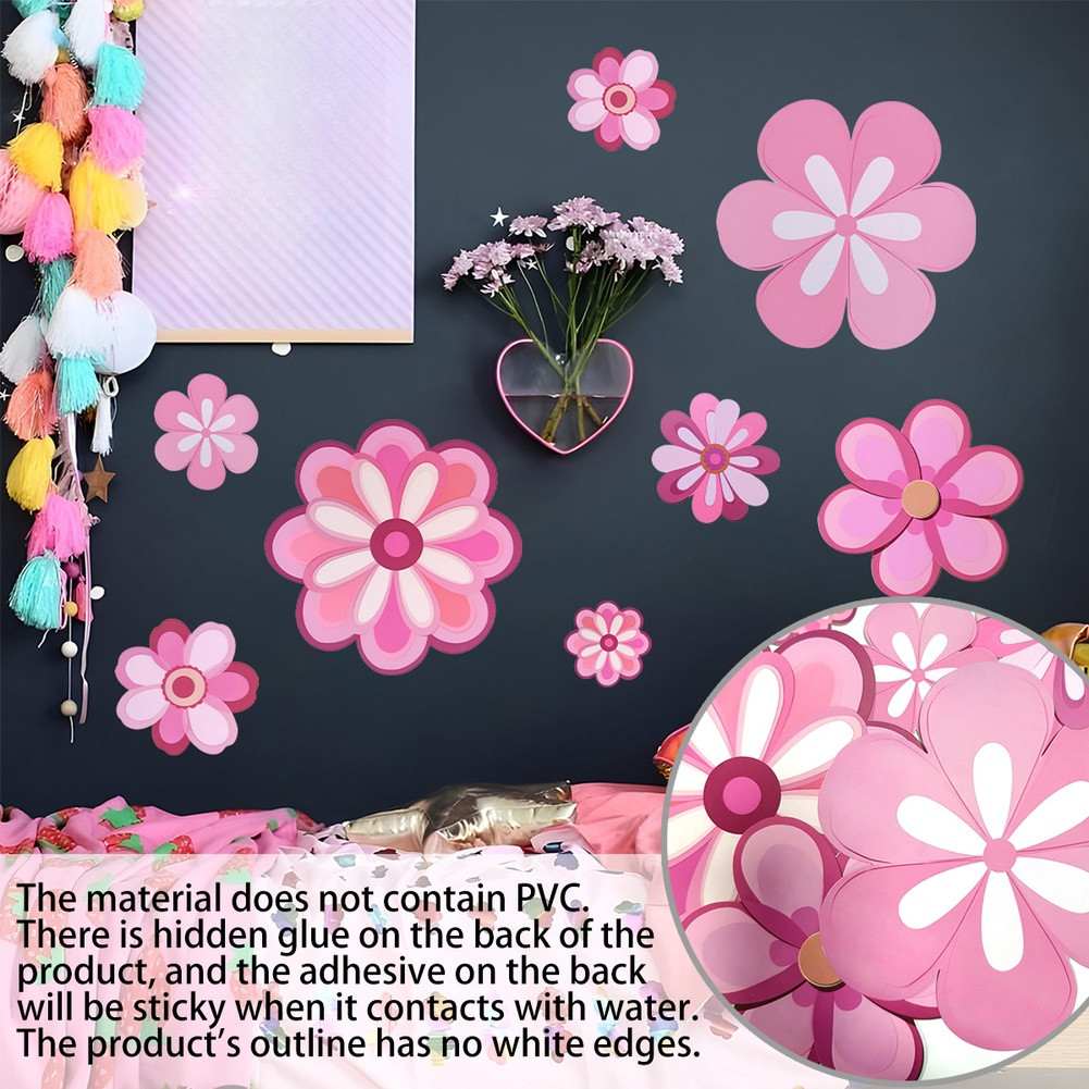 Pink Flower Wall Stickers 16pcs Waterproof Vinyl Decals for Nursery Bedroom