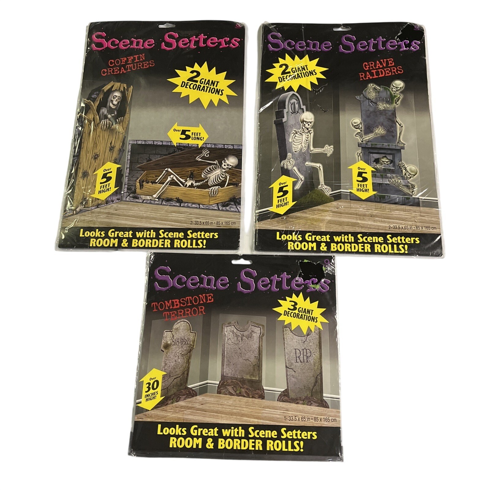 Vintage Amscan Scene Setter Set Tombstone Terror Coffin Grave Room & Border NIP