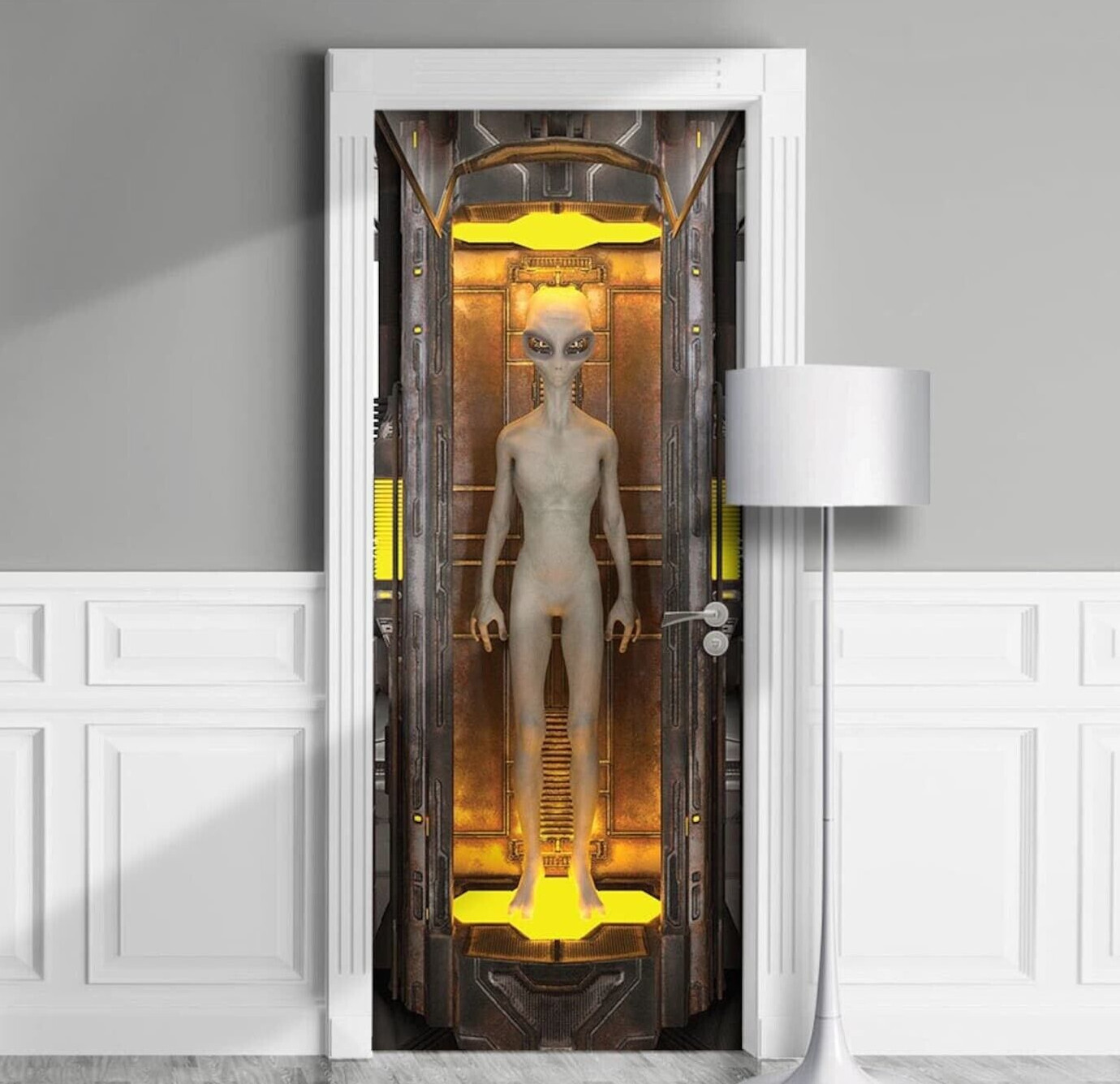 Alien Door Cover Mural, Svi-fi Humanoid Laminated Sticker Decal, Single piece