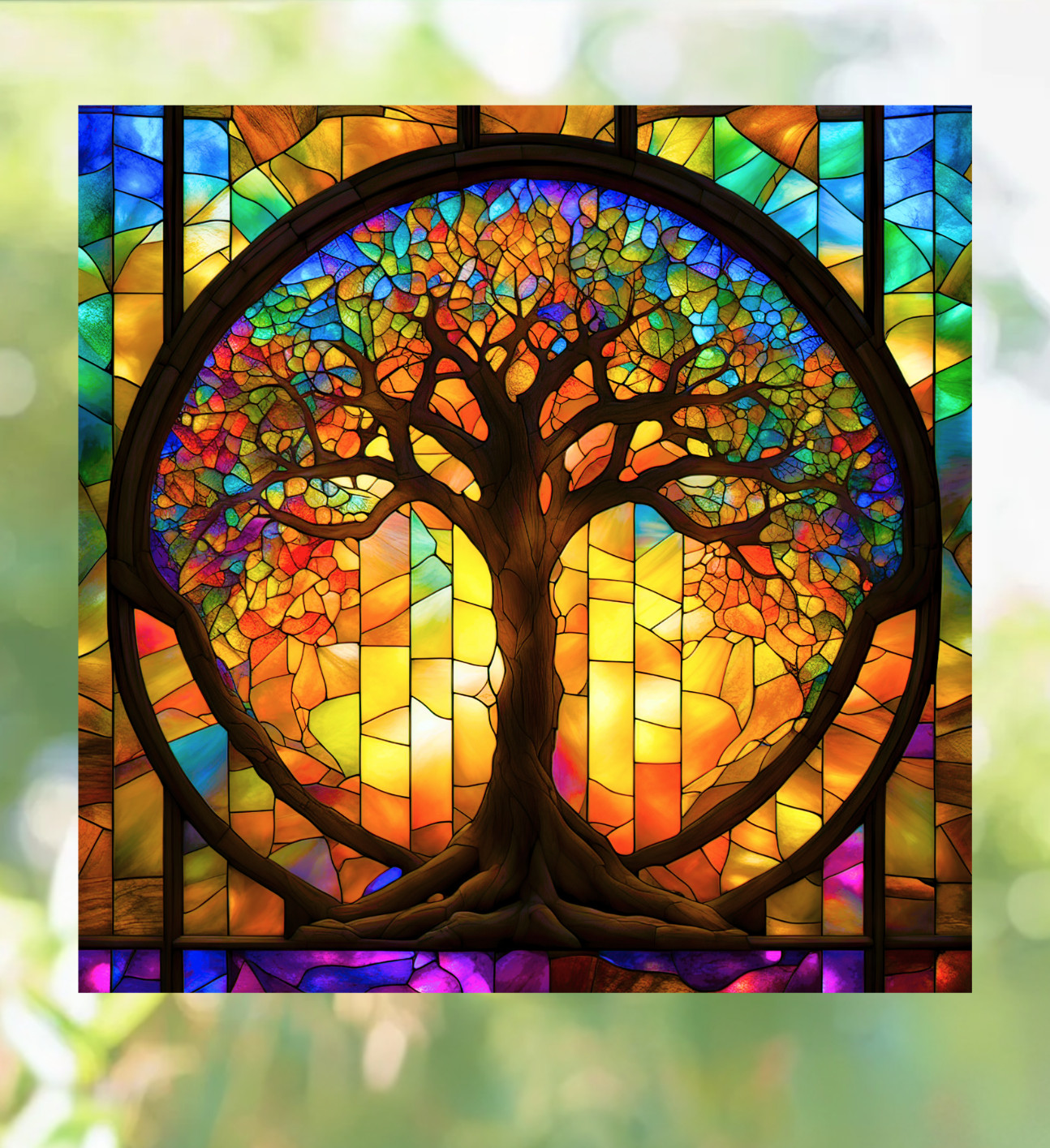 Tree of Life ~ Faux Stained-Glass WINDOW CLING Size 8" Square Vinyl