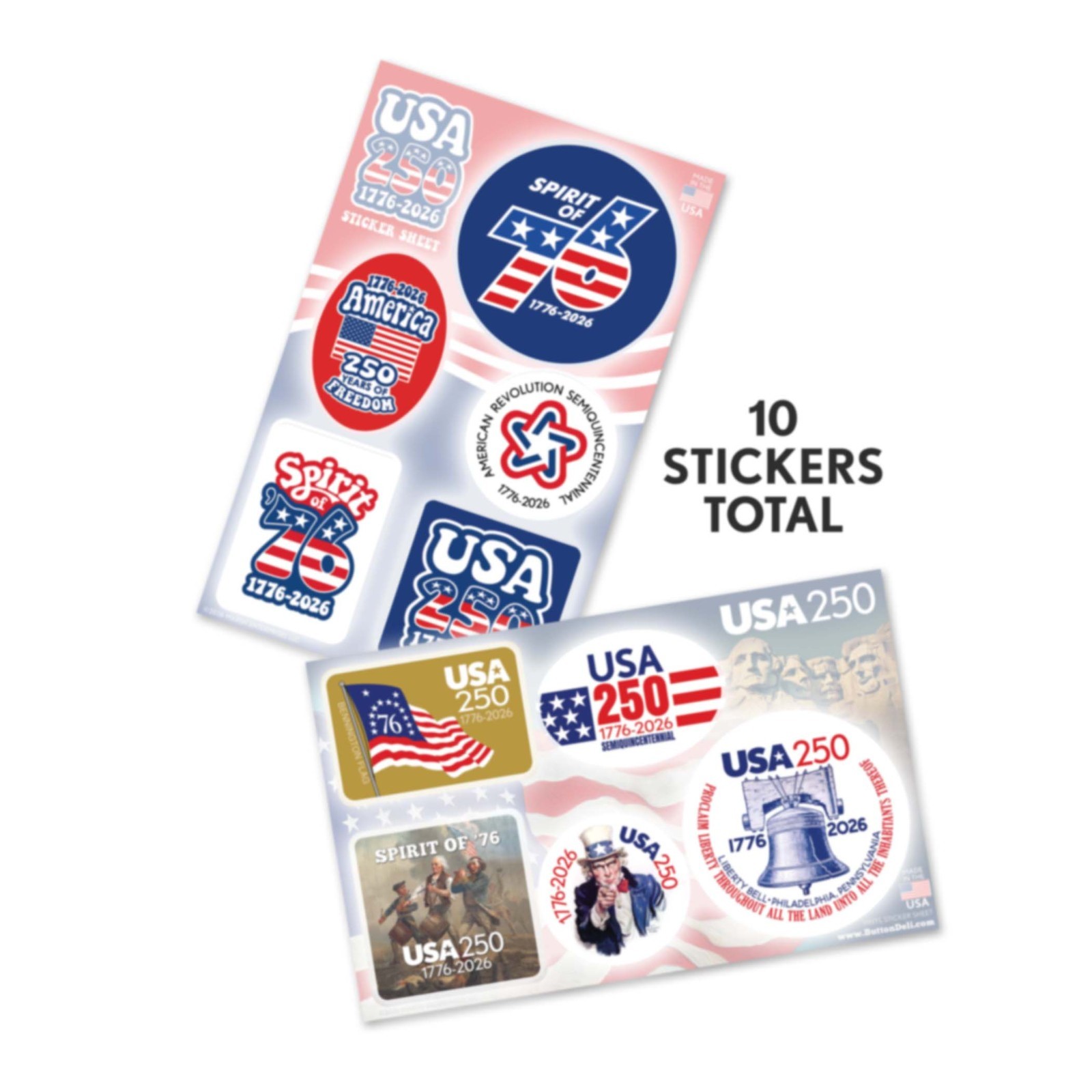 2 Die Cut Sticker Sheets – USA 250 1776-2026 Spirit of 76 Decals
