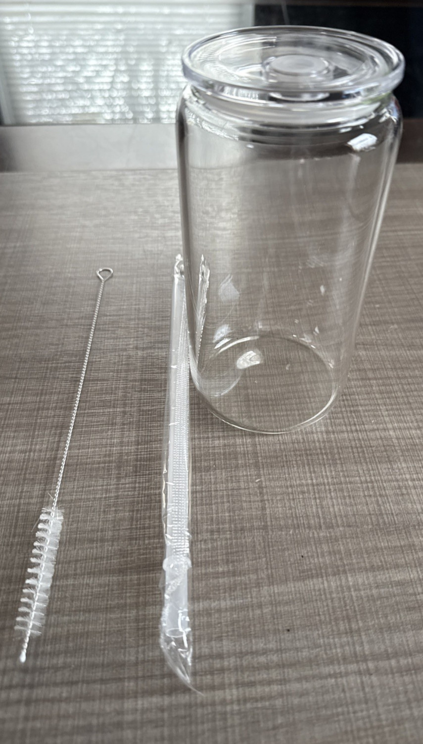 (Lot of 8) 16 oz Glass Cups with Acrylic Lids & Plastic Straws & Straw Cleaners!