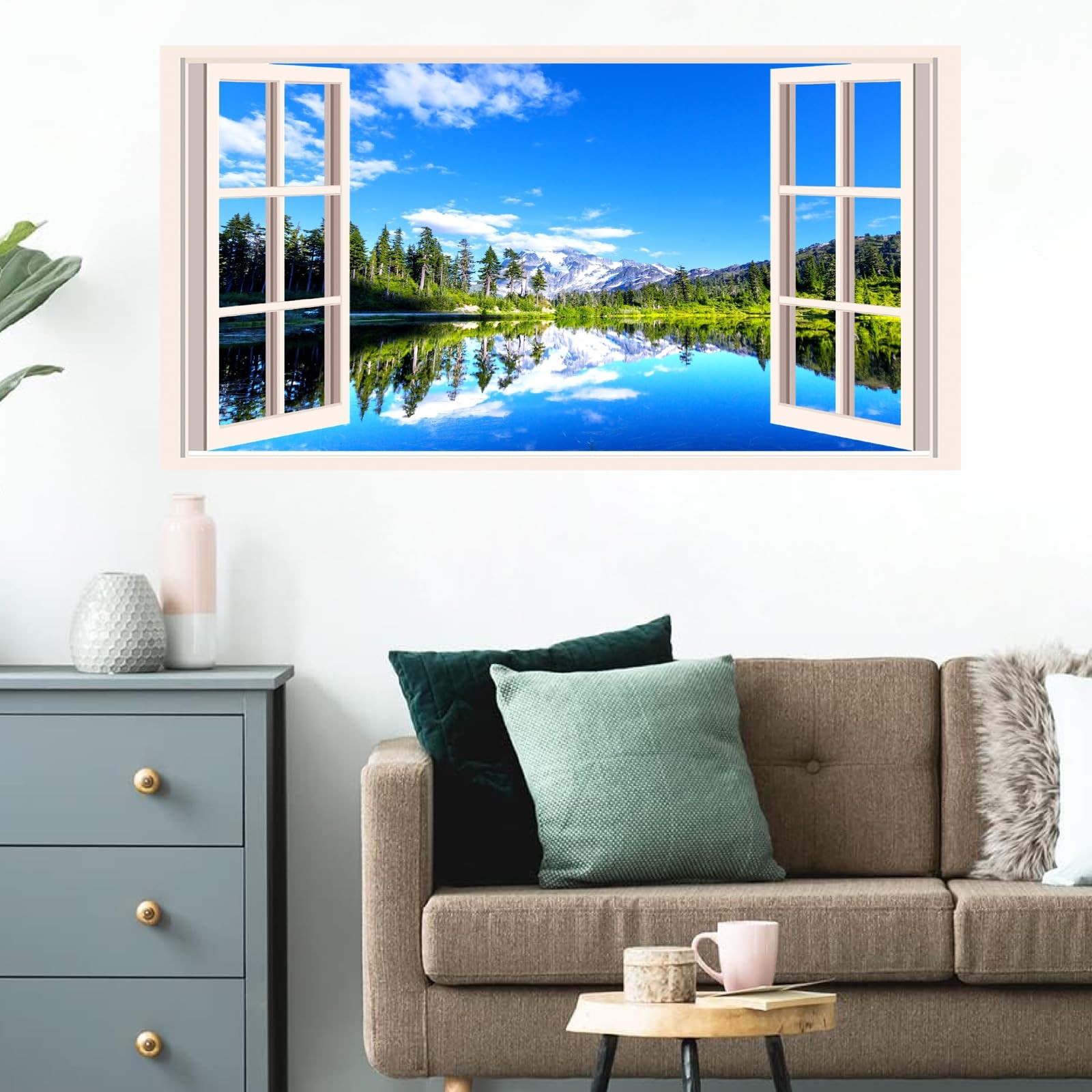 Fake Window Wall Stickers 3D Forest Lake View Mountain 3d Scenery a