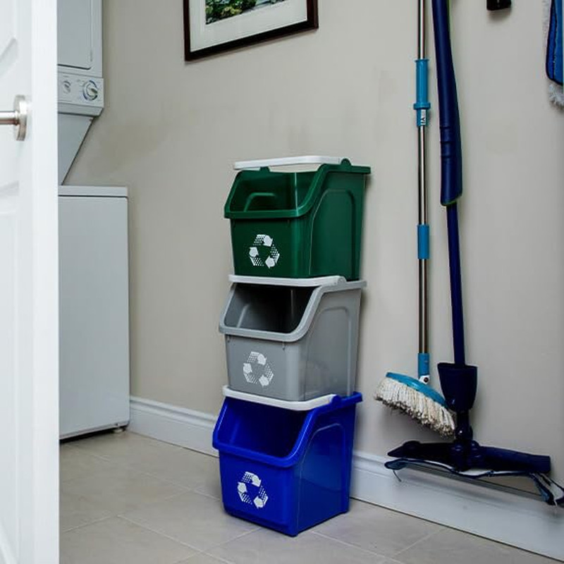 Multi Bin Recycling System with Three Stackable 6 Gallon Recycle Bins for Kitche