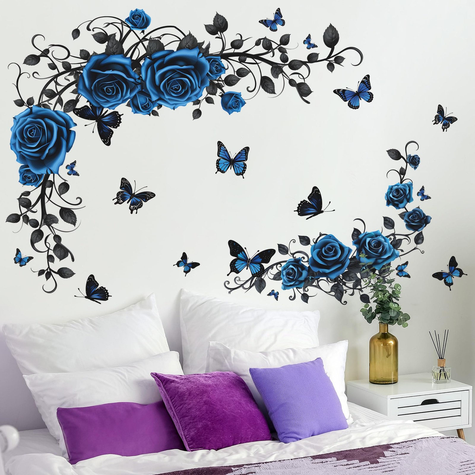Removable Blue Floral Rose Wall Decor 3D Peel and Stick Flower Vine Black Pla…