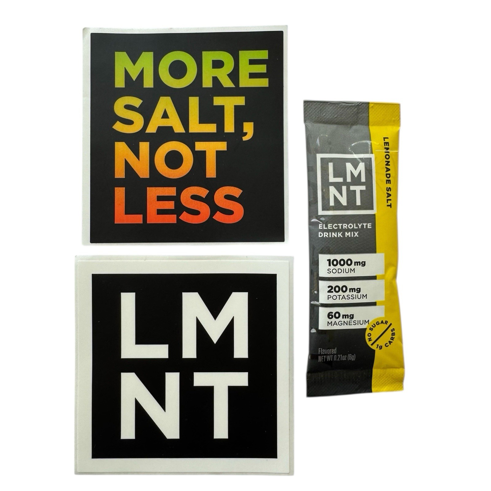 LMNT 2 Stickers + 1 Stick Set: More Salt Not Less, LMNT Black Square, Lemonade
