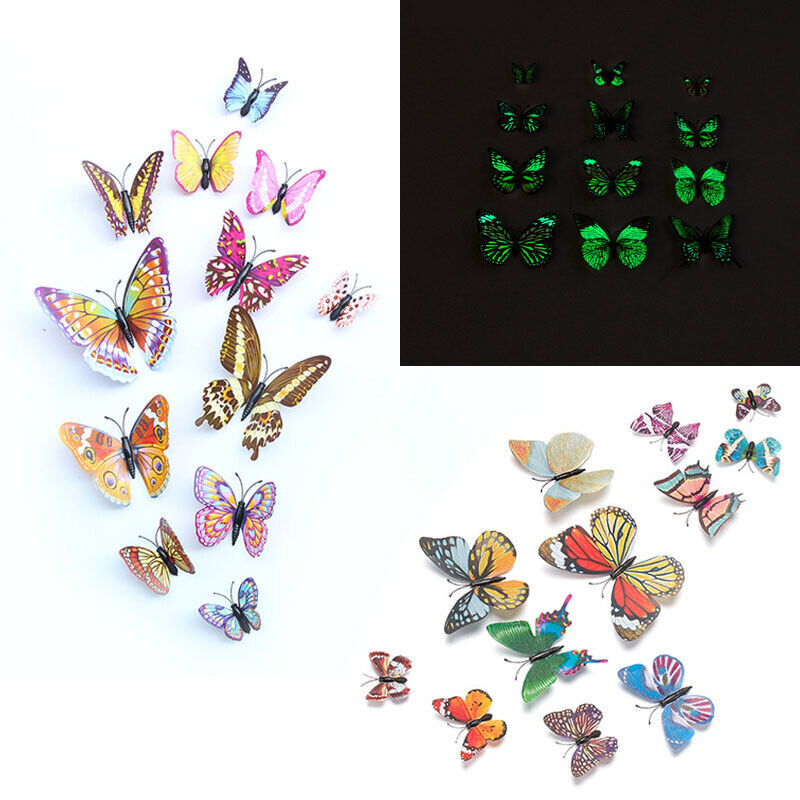 12Pcs 3D Butterfly Glow in The Dark Decal Wall Magnetic Sticker Home Mural Decor