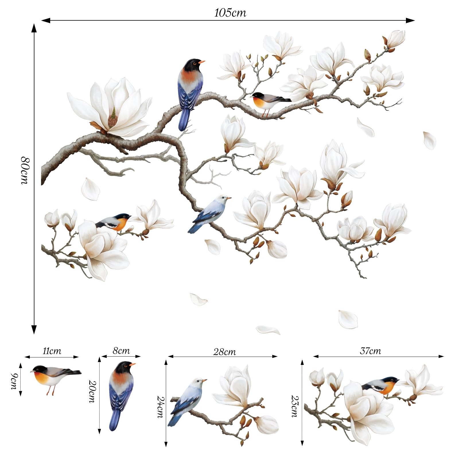 White Magnolia Tree Wall Decals Peel and Stick, Trees Flowers Wall Decor Stic…