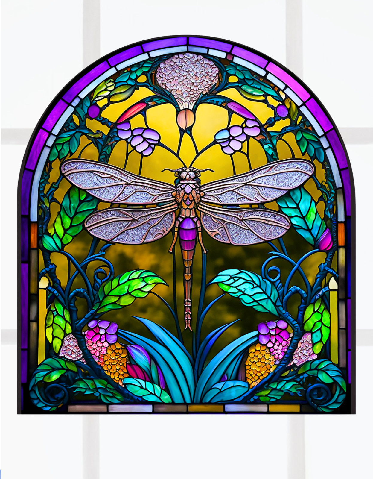 Dragonfly Faux Stained-Glass WINDOW CLING Size 9" Arch Shaped Vinyl