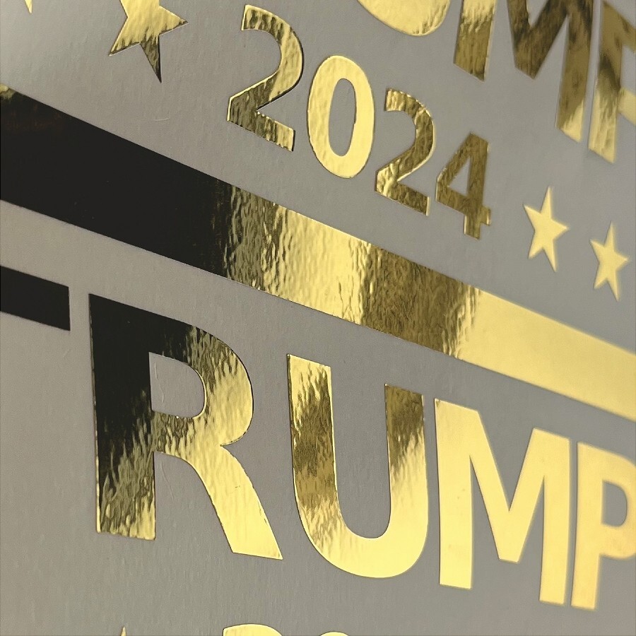 TRUMP 2024 Large Shiny Gold Vinyl Decal Window or Bumper Sticker 8" x 2.5" 