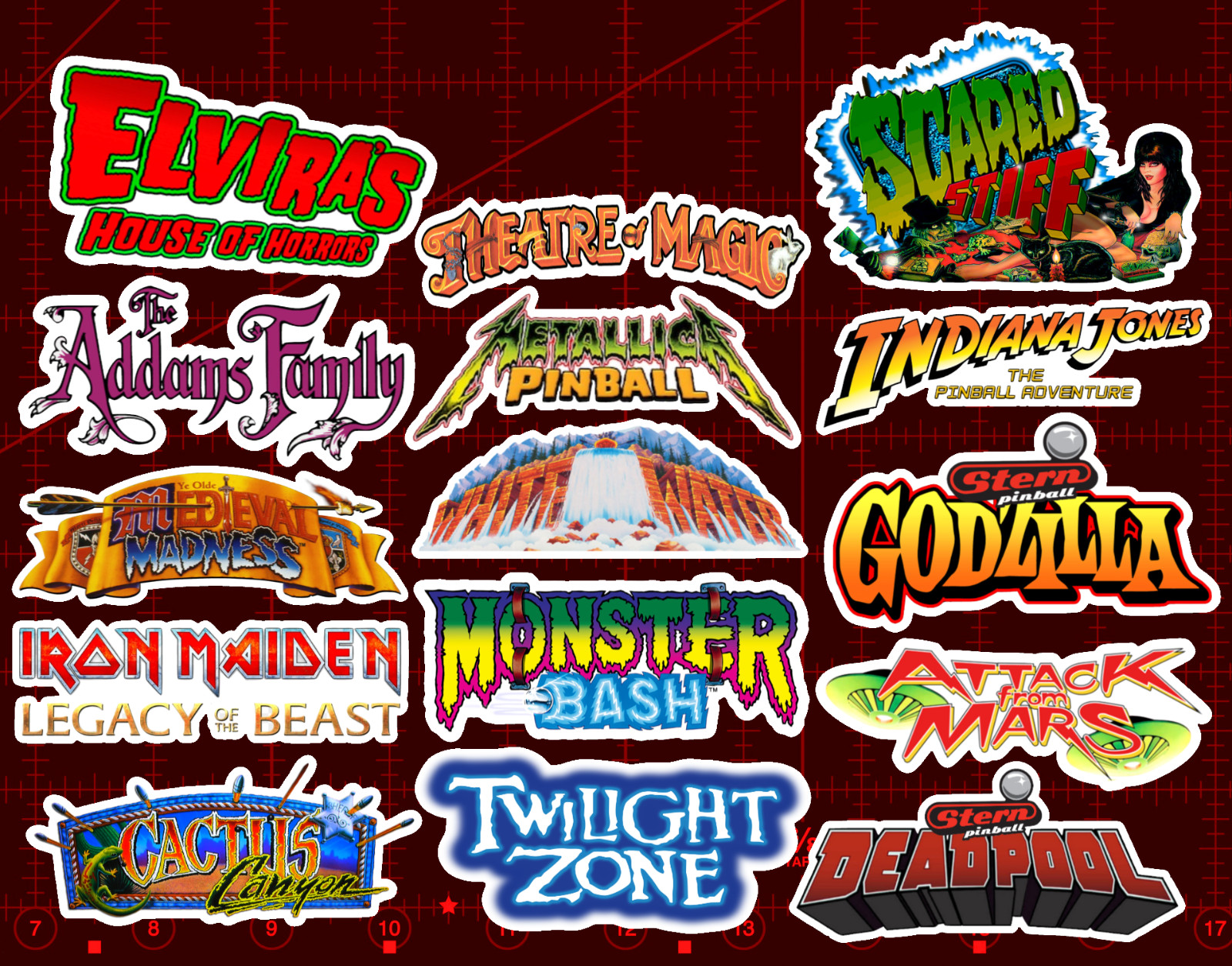 15 Modern Pinball Logo Stickers – White, Clear or Holographic – Elvira Deadpool