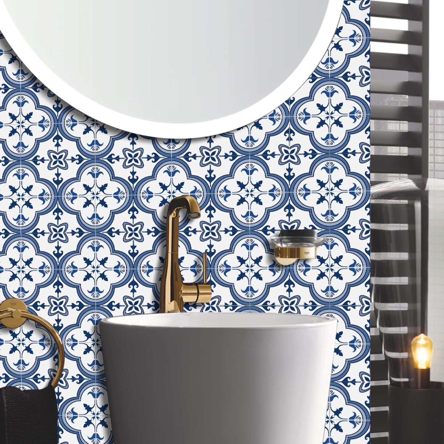 Blue-White Peel and Stick Wallpaper Tile Stickers 6×6 in, 2D Vinyl Decorative…