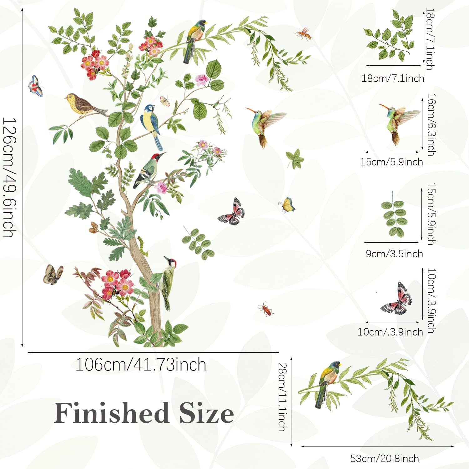 Large Green Tree Wall Decals Floral Tree Branch with Birds Peel and Stick Rem…