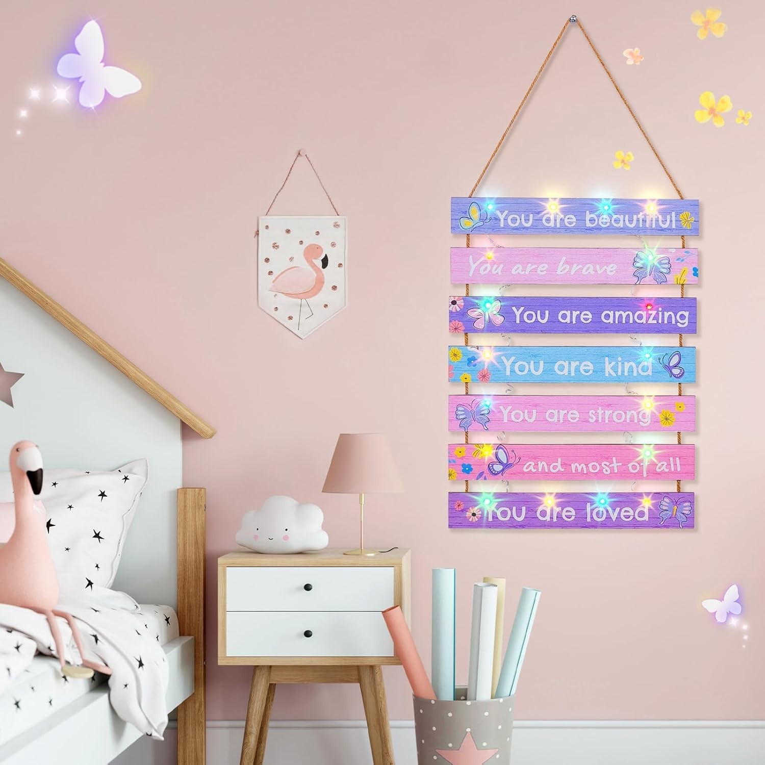 Girls Room Decor LED Light Wall Art for Kids Bedroom Inspirational Butterfly
