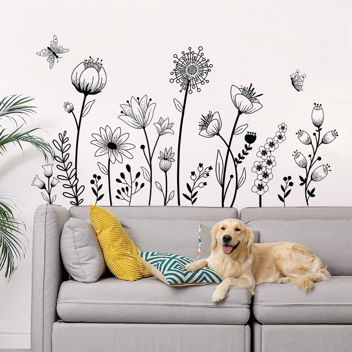 Black Flower Wall Decals Peel and Stick Simple Boho Flower Wall Sticker Wildflow