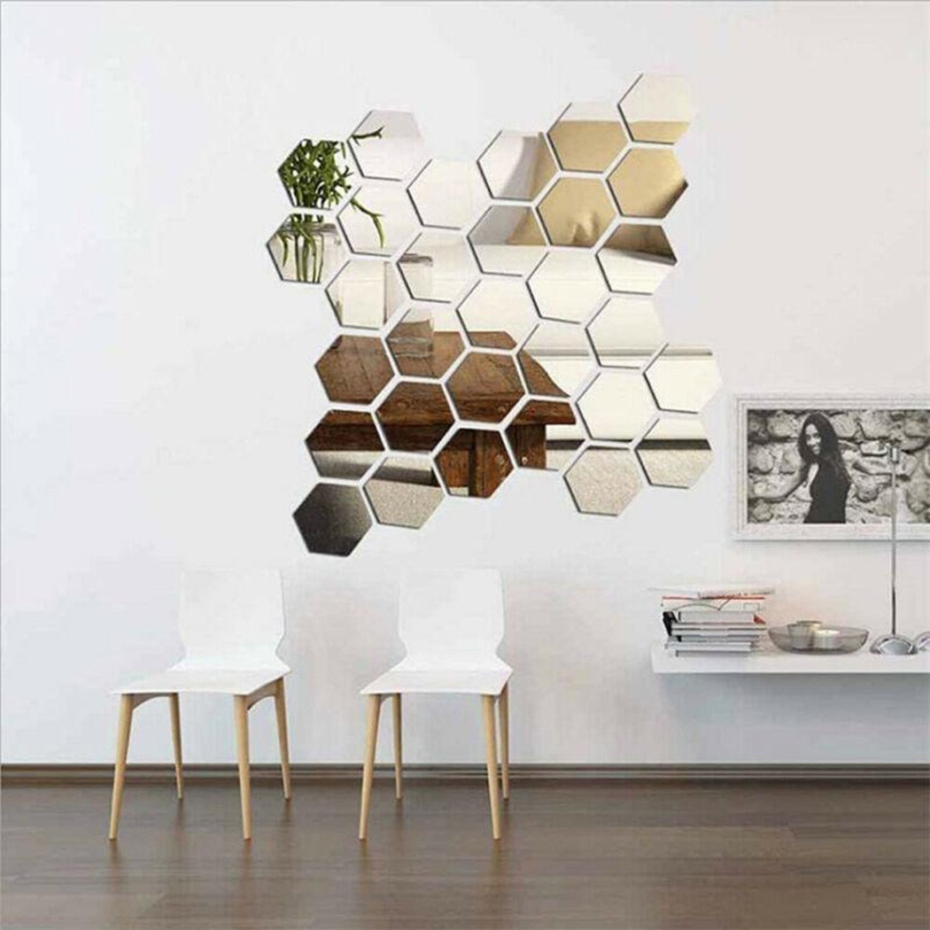 36x Mirror Hexagon Vinyl Sticky Wall Sticker Art Decal Living Room Home Decor