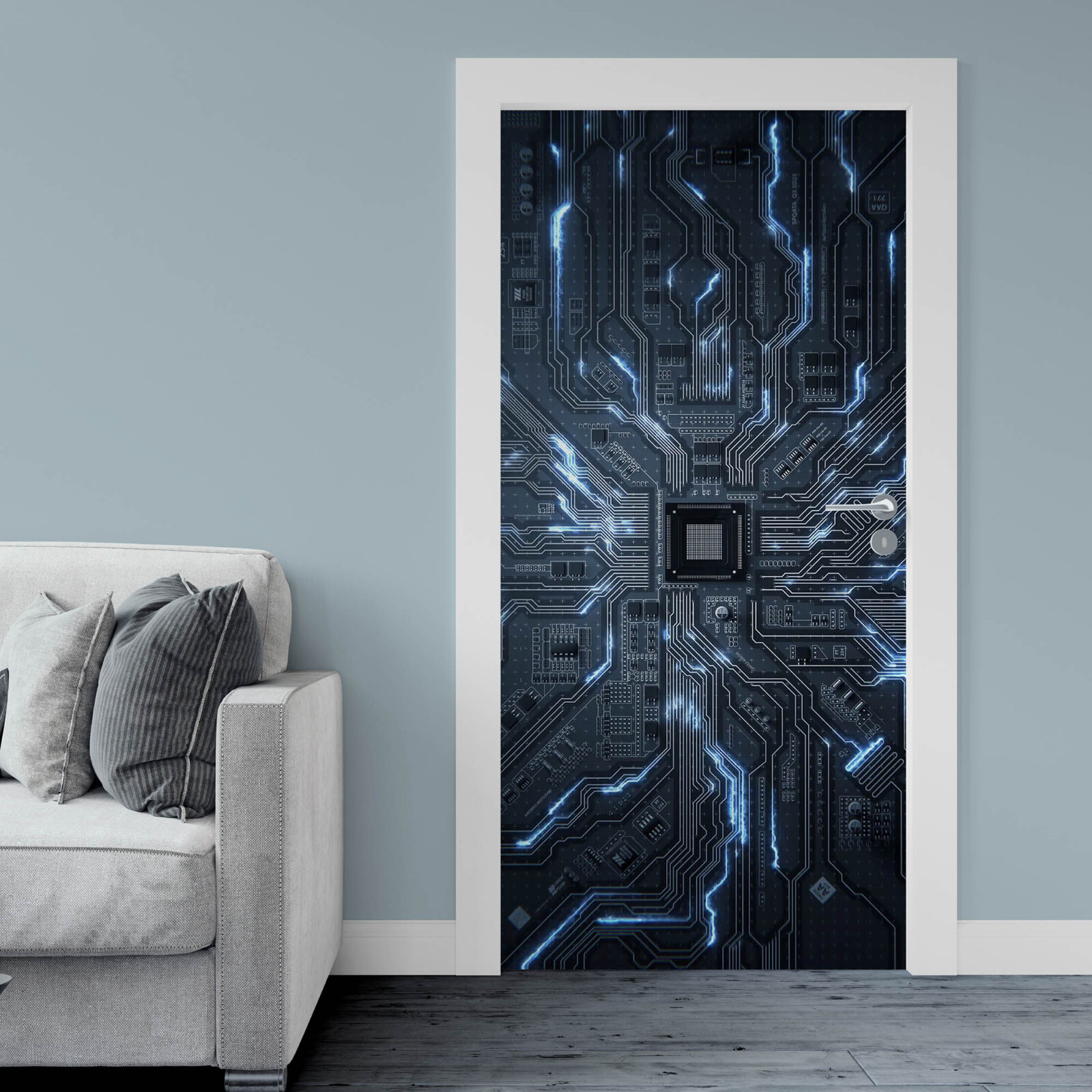 Cyberpunk Chip Door Mural Wallpaper, Laminated Sticker Wrap. Single piece decal