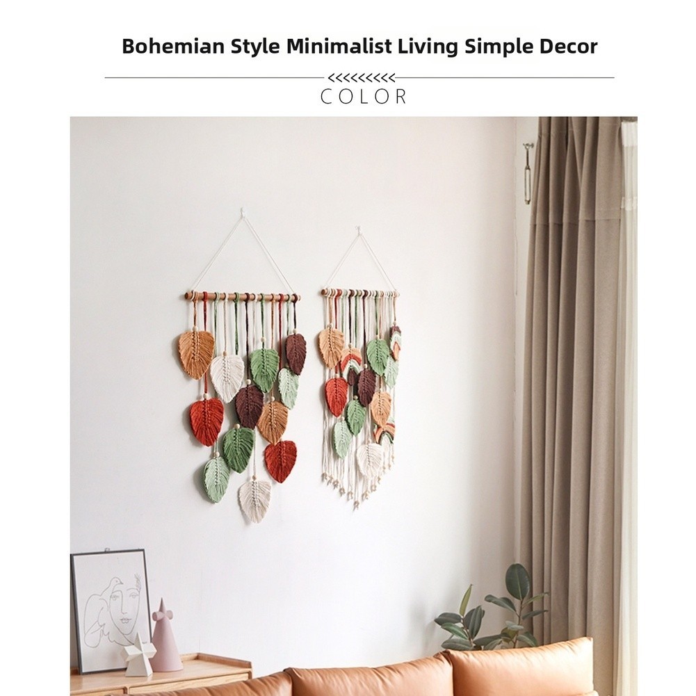 Bohemian Handwoven Cotton Tapestry with Leaf Design and Fringe for Wall Decor