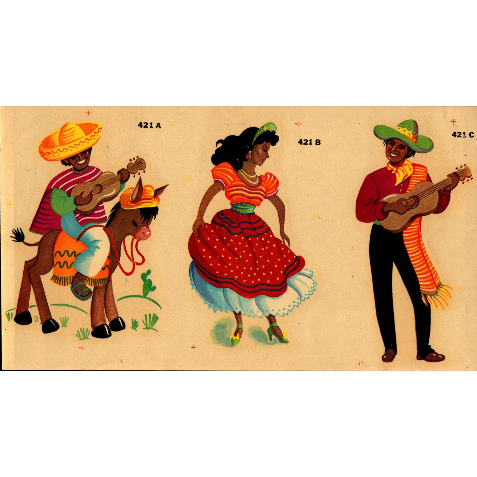Vintage DURO Decal #421A B C Mexican Folk Guitar Dance Figures