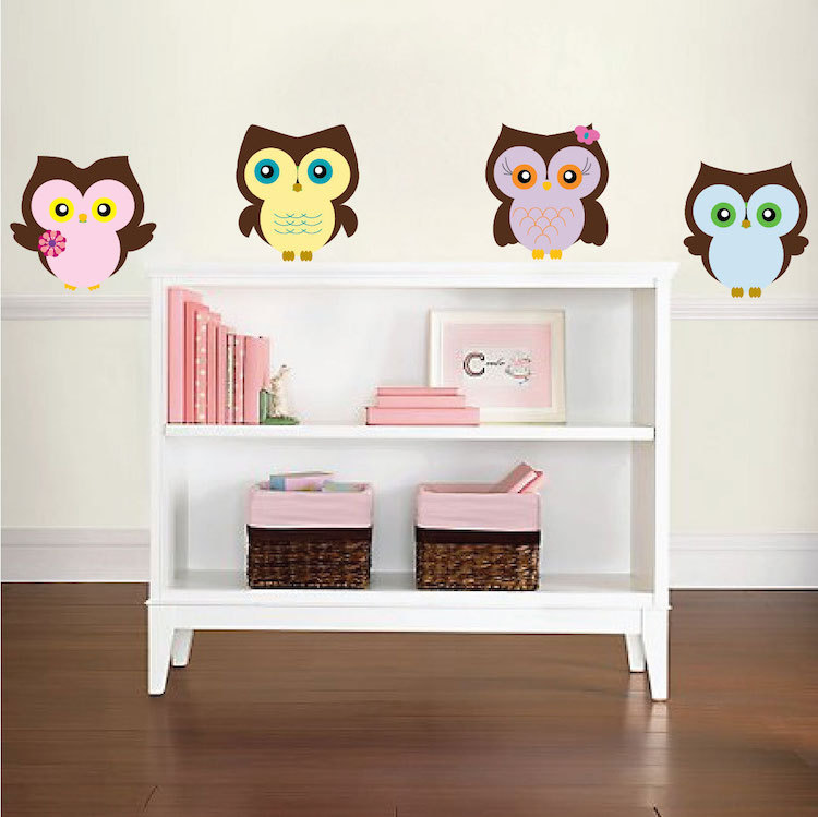 Nursery Owls Wall Decals Kids Room Cartoon Owl Cute Birds Colorful Forest, n00