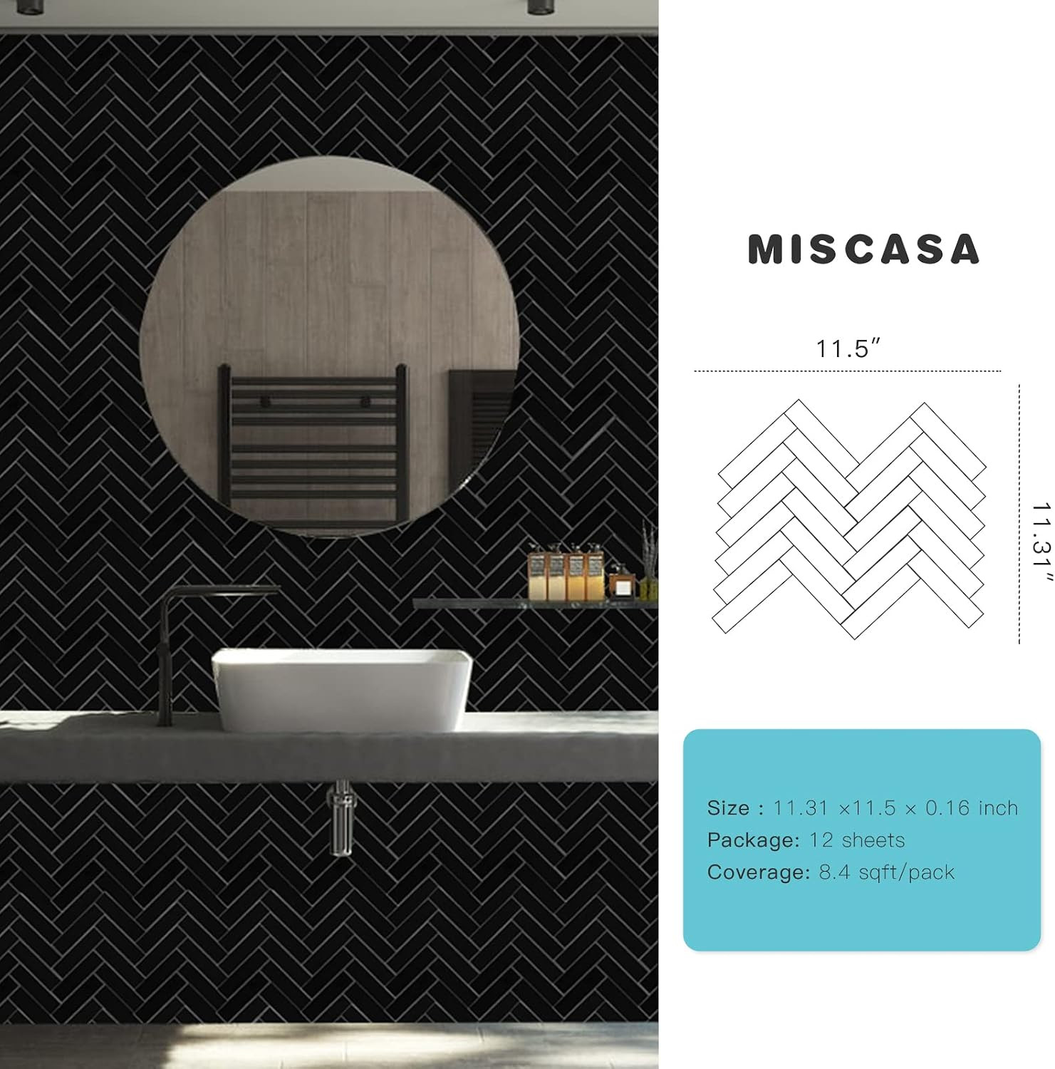 Peel and Stick Black Chevron Backsplash Tiles for Kitchen & Bathroom – 12 Sheets
