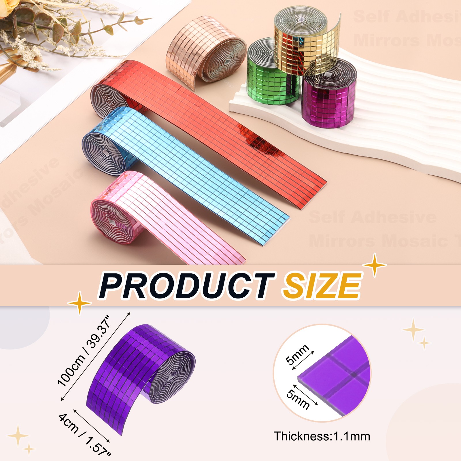 5x5mm Self Adhesive Mirrors Mosaic Tiles, 3200 Pcs Mosaic Sticker, Purple