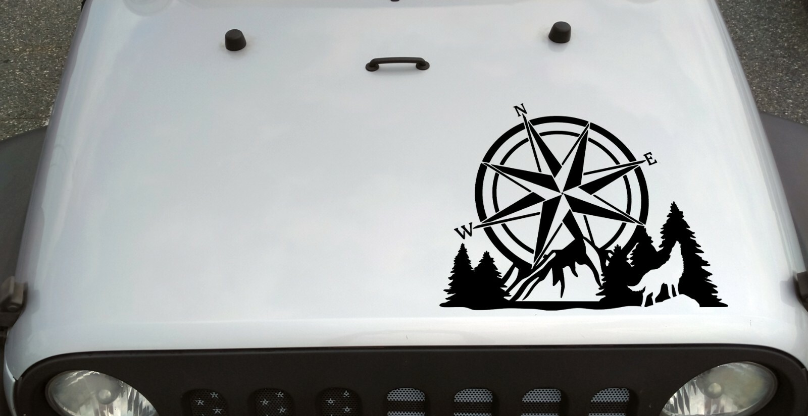 Compass Howling Wolf Mountain Forest Scene V2 – Camping RV Graphics – Die Cut