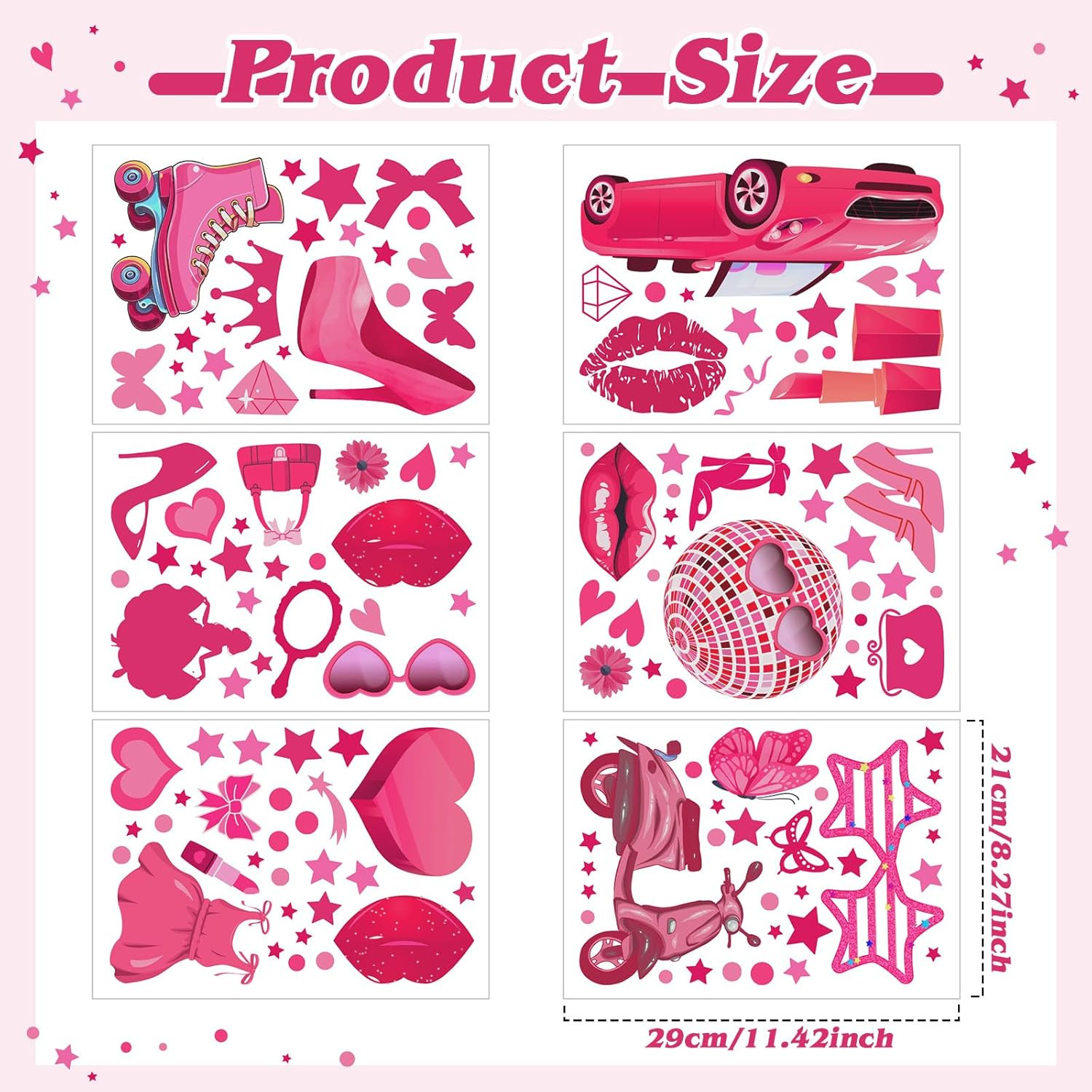 116 Pcs Hot Pink Girl Wall Stickers, Doll Lip Heart Room Decor for Girls Bedroo