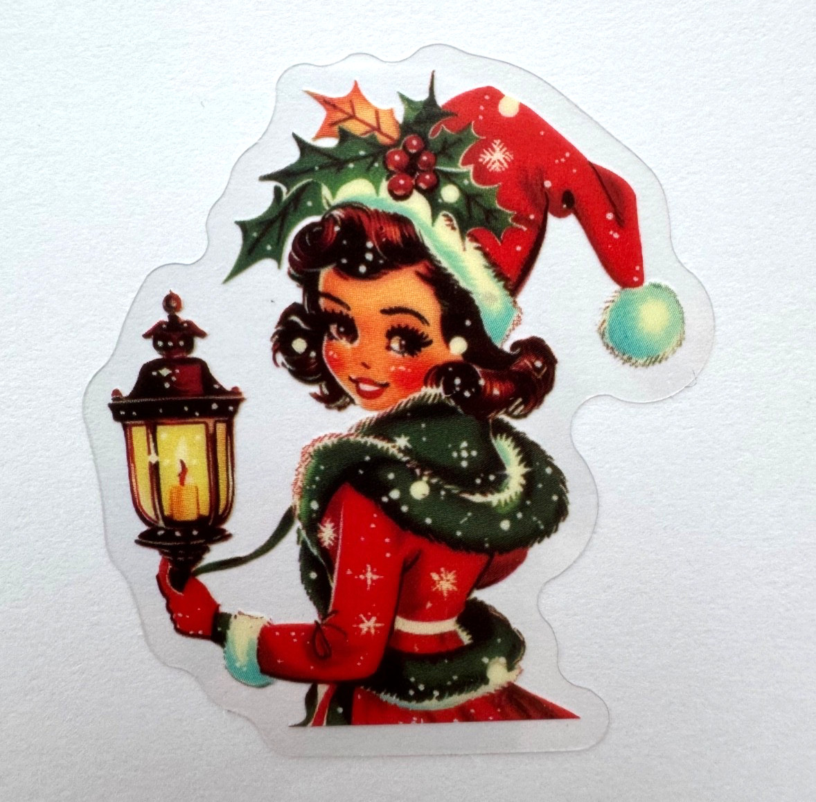 Retro Christmas Stickers Transparent Vinyl Holiday Santa Elf 7pcs Random Mix