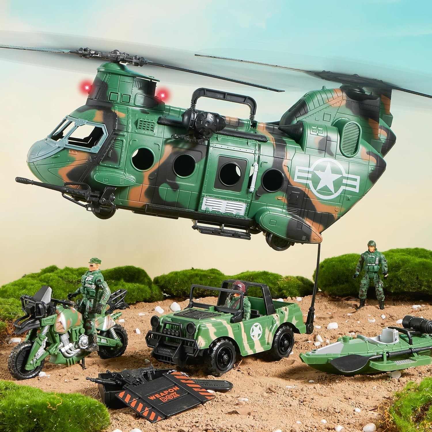 10-In-1 Military Helicopter Toys Set with Light, Sound, Trucks, Boat, Bike, Army